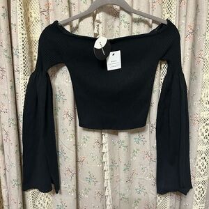 3/$30 Day & Night Black Ribbed Trumpet Sleeve Off Shoulder Crop Top Medium NWT
